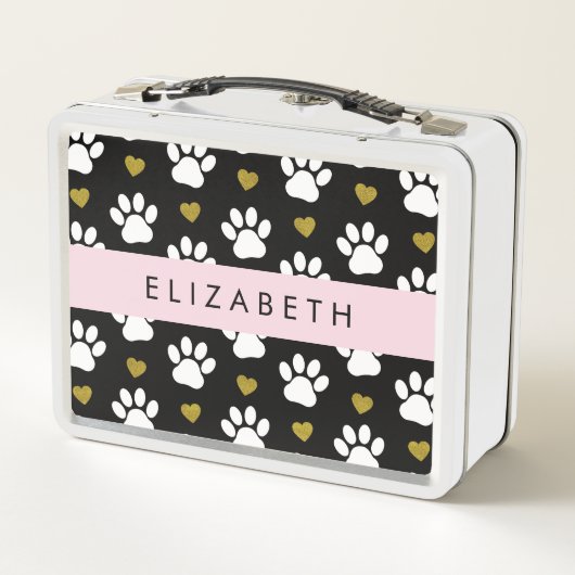 Hundepaws, weiße Paws, goldene Herzen, Ihr Name Metall Brotdose (Rückseite)