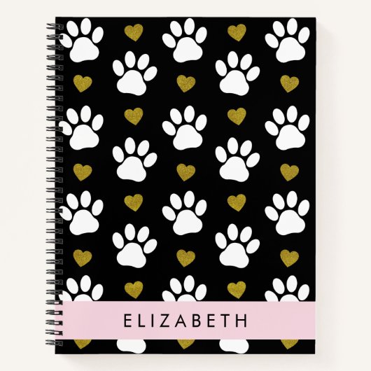 Hundepaws, weiße Paws, goldene Herzen, Ihr Name Notizblock (Vorderseite)