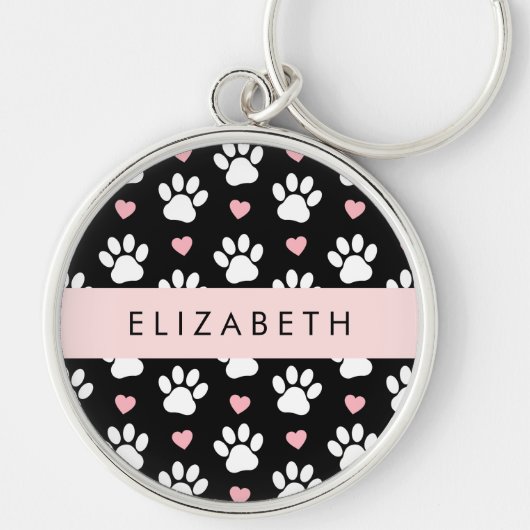 Hundepaws, weiße Paws, rosa Herzen, Ihr Name Schlüsselanhänger (Vorne)