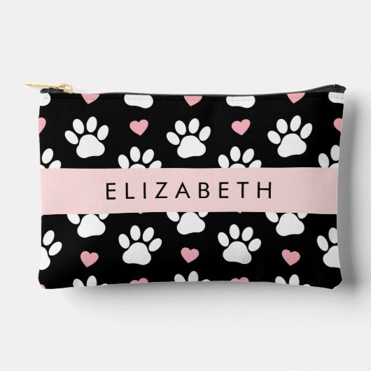 Hundepaws, weiße Paws, rosa Herzen, Ihr Name Zubehörtasche (Vorderseite)