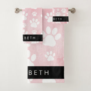 Hundepaws, weiße Paws, rosa Wasserfarben, Ihr Name Badhandtuch Set