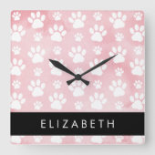 Hundepaws, weiße Paws, rosa Wasserfarben, Ihr Name Quadratische Wanduhr (Vorderseite)
