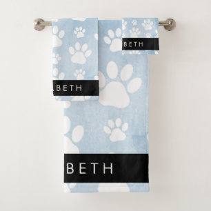 Hundepfähle, weiße Paws, blaue Wasserfarben, Ihr N Badhandtuch Set