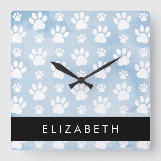 Hundepfähle, weiße Paws, blaue Wasserfarben, Ihr N Quadratische Wanduhr (Vorderseite)