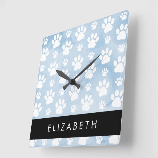 Hundepfähle, weiße Paws, blaue Wasserfarben, Ihr N Quadratische Wanduhr (Winkel)
