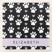 Hundepfähle, weiße Pfoten, Lilac-Herzen, Ihr Name Glasuntersetzer (Vorderseite)