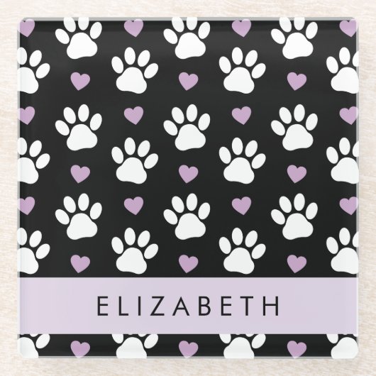 Hundepfähle, weiße Pfoten, Lilac-Herzen, Ihr Name Glasuntersetzer (Vorderseite)