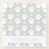 Hundepfähle, weiße Pfoten, Lilac-Herzen, Ihr Name Glasuntersetzer (Rückseite)