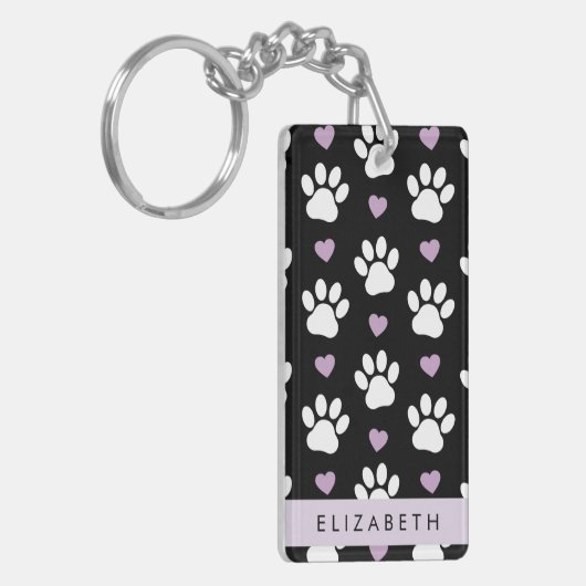 Hundepfähle, weiße Pfoten, Lilac-Herzen, Ihr Name Schlüsselanhänger (Vorderseite links)