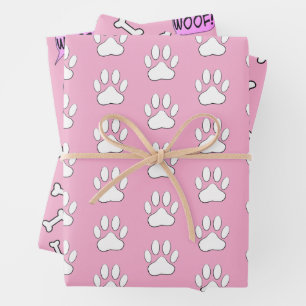 Hundepfoten Knochen Hundeliebhaber Weiß und Rosa M Geschenkpapier Set