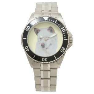 Hundeporträtmalerei von weißem Akita Armbanduhr