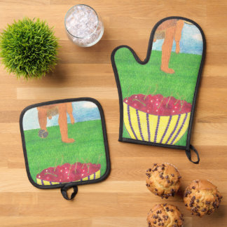 Hundepuhen und Kirsche Ofenhandschuh & Topflappen-Set