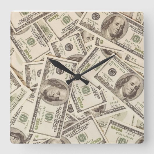 Hundert Dollar Bill Money Clock Quadratische Wanduhr (Vorderseite)