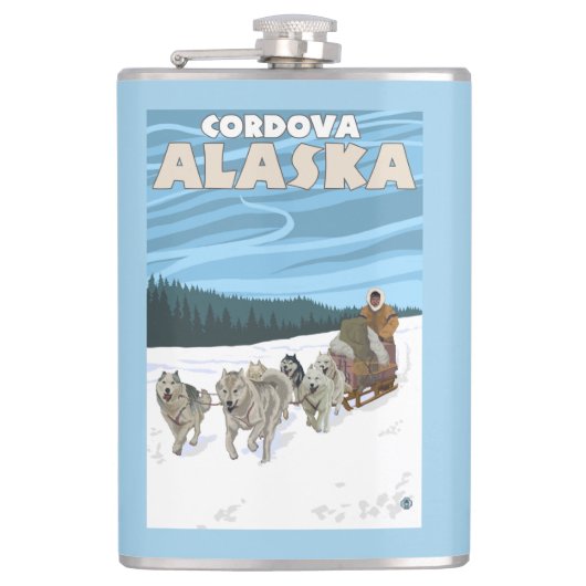 HundeSledding Szene - Cordova, Alaska Flachmann (Vorderseite)