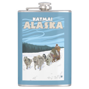 HundeSledding Szene - Katmai, Alaska Flachmann