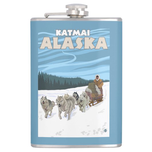 HundeSledding Szene - Katmai, Alaska Flachmann (Vorderseite)