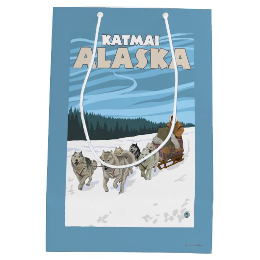 HundeSledding Szene - Katmai, Alaska Mittlere Geschenktüte (Rückseite)