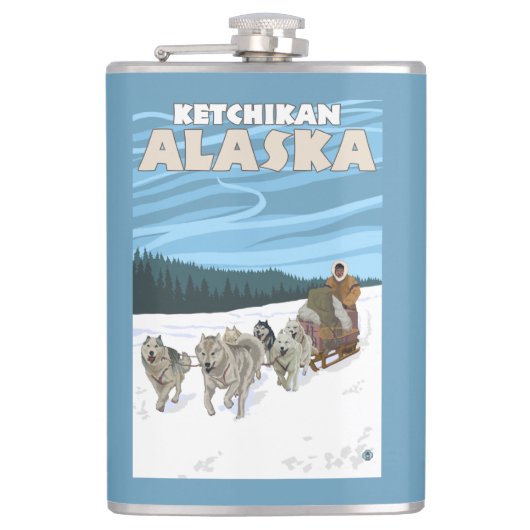 HundeSledding Szene - Ketchikan, Alaska Flachmann (Vorderseite)