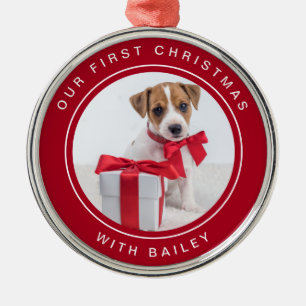 Hundeweihnacht  Rot und Weiß mit Foto Ornament Aus Metall