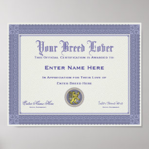 Hundezucht-Liebhaber-personalisierte Bescheinigung Poster