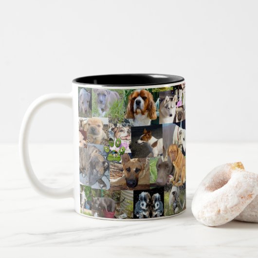 Hundfoto Collage, Zweifarbige Tasse (Mit Donut)