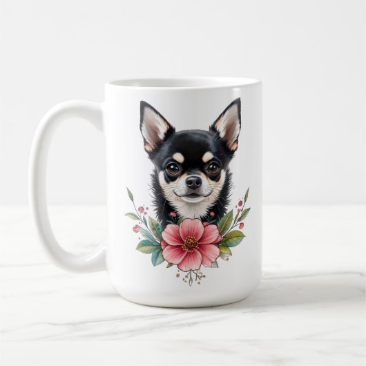 Hündin Chihuahua mit hübschen Blume Kaffeetasse (Links)