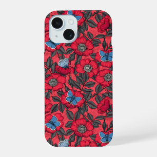 Hundsrose und Schmetterlinge in Rot und Blau iPhone 15 Hülle