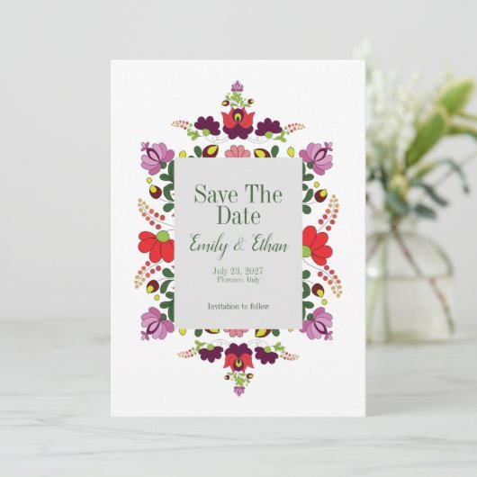 Hungarian Folk Floral Save the Date (Stehend Vorderseite)