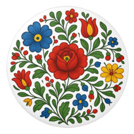 Hungarian Kalocsa Floral Folk Art Ceramic Knob Keramikknauf