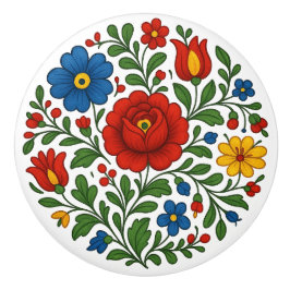 Hungarian Kalocsa Floral Folk Art Ceramic Knob Keramikknauf