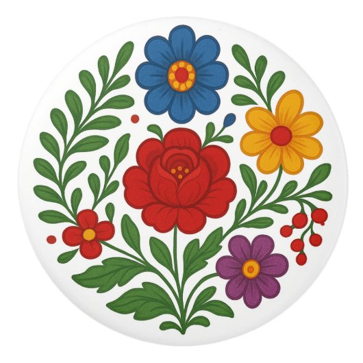 Hungarian Kalocsa Floral Folk Art Ceramic Knob Keramikknauf (Vorderseite)