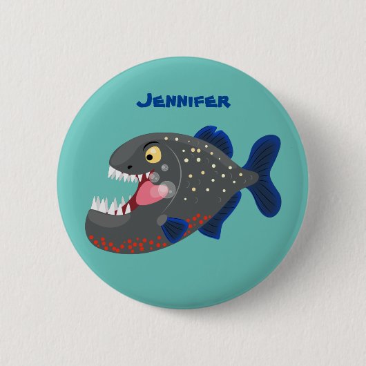 Hungrige lustige Piranha Cartoon Illustration Button (Vorderseite)