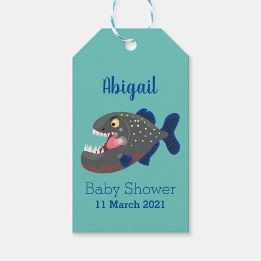 Hungrige lustige Piranha Cartoon Illustration Geschenkanhänger (Vorderseite)