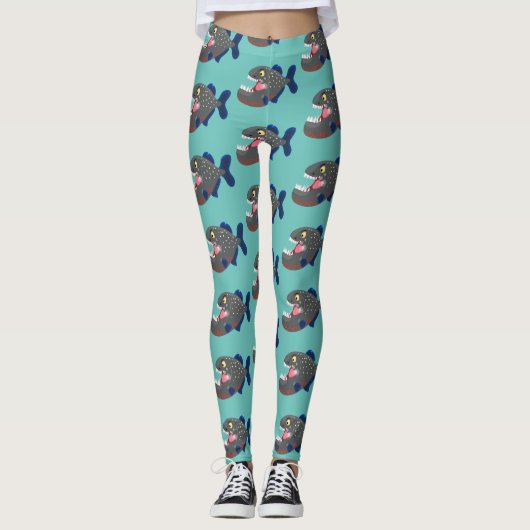Hungrige lustige Piranha Cartoon Illustration Leggings (Vorderseite)