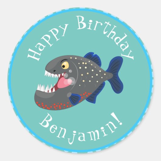 Hungrige lustige Piranha Cartoon Illustration Runder Aufkleber (Vorderseite)
