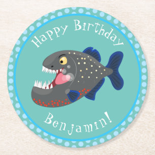 Hungrige lustige Piranha-Cartoon-Illustration Runder Pappuntersetzer