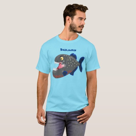 Hungrige lustige Piranha Cartoon Illustration T-Shirt (Vorne ganz)