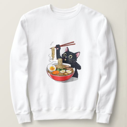 "Hungrige schwarze Katze mit Ramen" Sweatshirt (Design vorne)