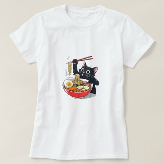 "Hungrige schwarze Katze mit Ramen" T-Shirt (Design vorne)
