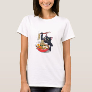 "Hungrige schwarze Katze mit Ramen" T-Shirt