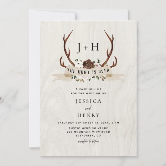 Hunt is Over Rustic Antlers QR Code Wedding  Einladung (Vorderseite)
