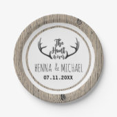 "Hunt is Over" Rustikale Antler Barnwood-Hochzeit Pappteller (Vorderseite)
