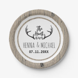 "Hunt is Over" Rustikale Antler Barnwood-Hochzeit Pappteller
