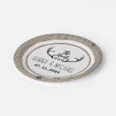 "Hunt is Over" Rustikale Antler Barnwood-Hochzeit Pappteller (Schrägansicht)