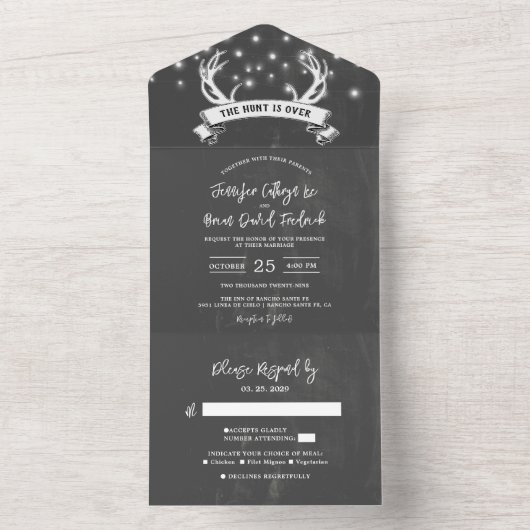 "Hunt is Over" Rustikale Antler Strings Light Wedd All In One Einladung (Innen Boden)