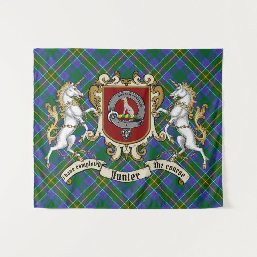 Hunter Clan Abzeichen & Unicorns w/Tartan Wandteppich (Vorderseite (Horizontal))