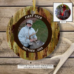Hunter FIRST DEER Foto Camouflage Personalisiert Keramik Ornament<br><div class="desc">Jägers ERSTER DEER-Ornament personalisiert mit einem Foto und einem Namen/Datum auf der Vorderseite und einem vollblütigen Foto auf der Rückseite des Ornament-Stils. Camouflage Muster. Alle Texte können bearbeitet werden, sodass Sie den Titel nach Belieben ändern können. FOTO TIPP: Wählen Sie ein Foto mit dem Thema in der Mitte und/oder schneiden...</div>