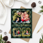Hunter Green Buffalo Kariert Weihnachtsfoto Collag Folien Feiertagskarte<br><div class="desc">Moderne und festliche karierte Foto-Urlaubskarte bietet eine Collage von 3 Fotos gerahmt durch eine Grenze und Akzente von echten Goldfolie und handgemalten Aquarelljäger grün und schwarz Büffel karierten Karo gemusterten Hintergrund. Personalisieren Sie den "Einfachsten Weihnachtstext" mit Ihrem bevorzugten Wortlaut, Familiennamen und dem Jahr. Auf der Kartenrückseite befindet sich ein zusätzliches...</div>