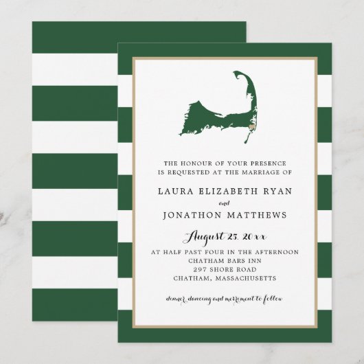 Hunter Green Chatham Cape Cod Map / Heart Wedding Einladung (Vorne/Hinten)
