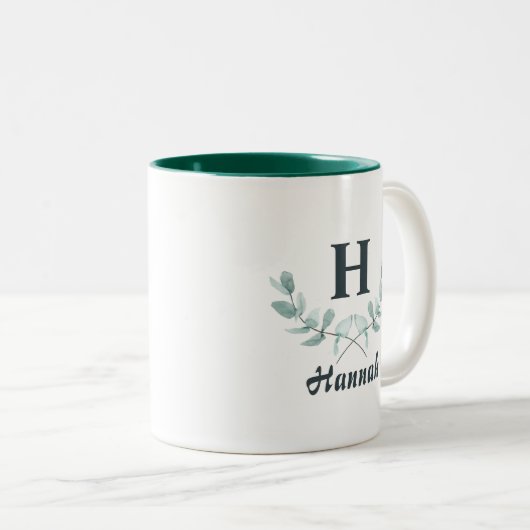 Hunter Green Eucalyptus Leaf Mit Monogramm Zweifarbige Tasse (VorderseiteRechts)